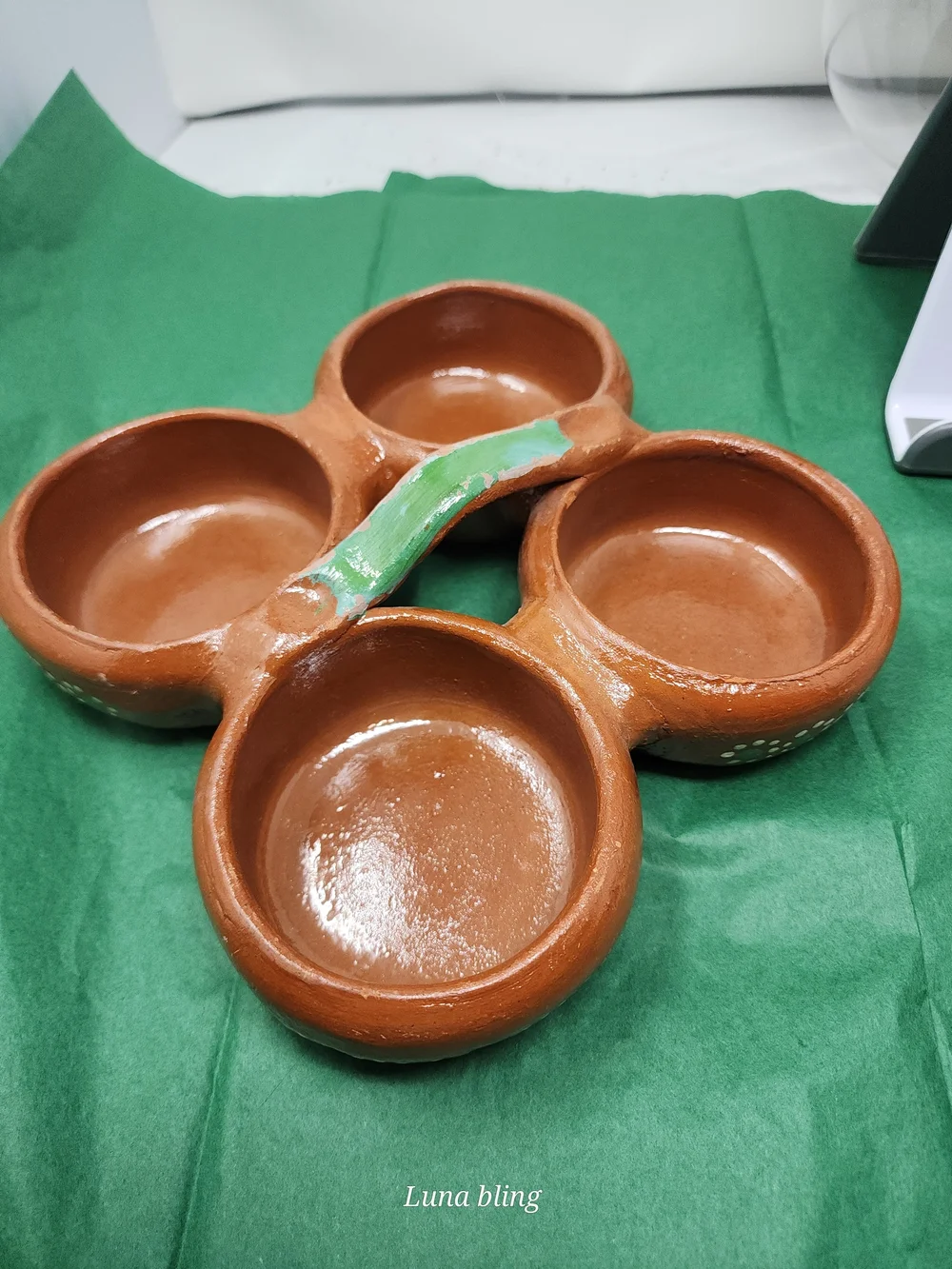 Handmade Terracotta 4-Section Snack Dish with Green Handle